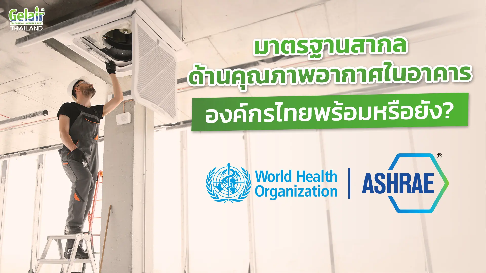 แบนเนอร์มาตรฐานคุณภาพอากาศภายในอาคาร WHO และ ASHRAE เน้นการระบายอากาศ กรองอากาศ และการจัดการระบบ HVAC เพื่อสุขภาพผู้ใช้อาคาร