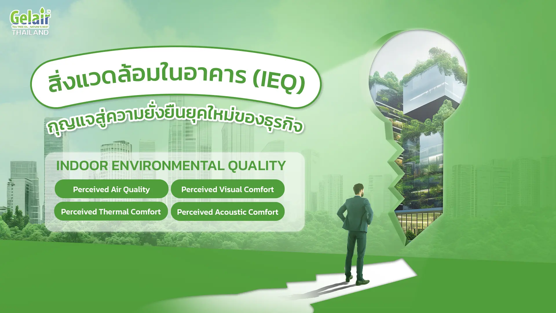 กุญแจสู่ความยั่งยืนยุคใหม่ของธุรกิจ (ESG) เน้นคุณภาพอากาศภายในอาคาร (IAQ) ลดพลังงาน ลดคาร์บอน ภาพกราฟิกโทนสีเขียวสื่อถึงความเป็นมิตรต่อสิ่งแวดล้อม